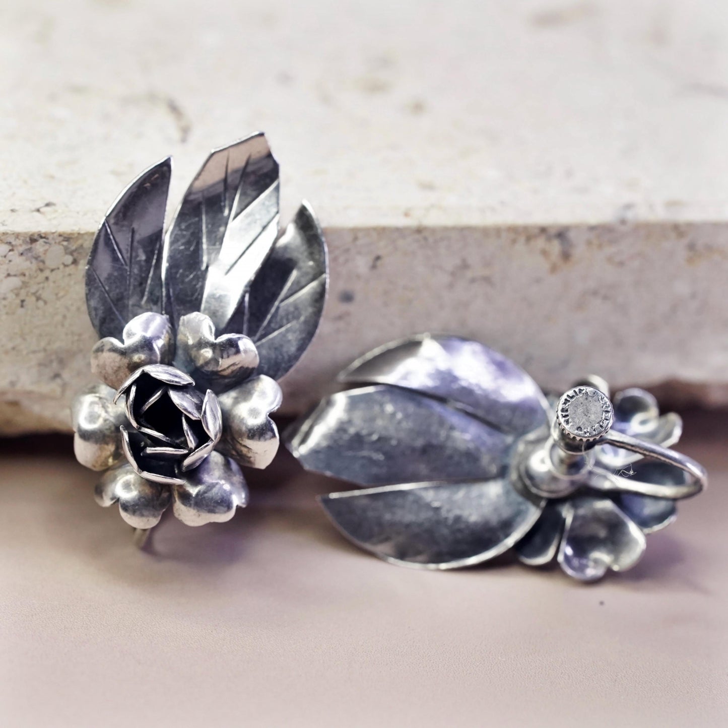 Vintage Sterling silver handmade earrings, 925 screw back flower