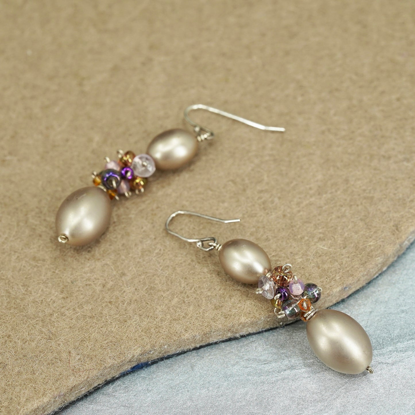Vintage Sterling 925 silver handmade earrings with faux cluster golden pearl