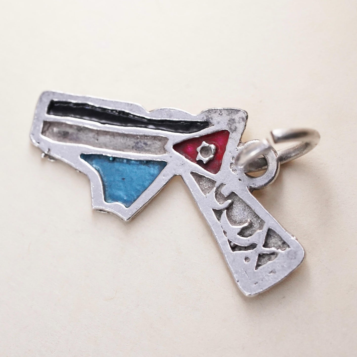 Vintage sterling silver handmade pendant, 925 gun charm with enamel