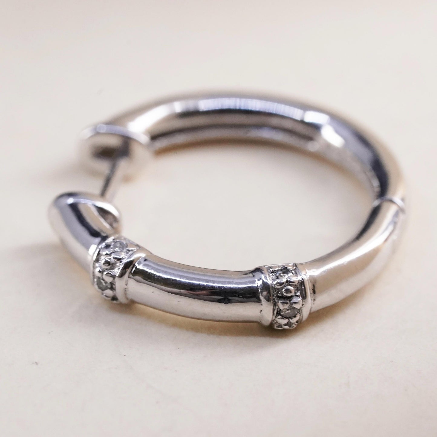 0.75", Vintage sterling silver loop single earring, bamboo hoop with diamonds
