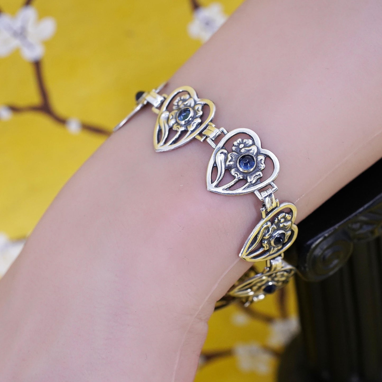 6.75", Vintage Sterling silver tennis bracelet, 925 silver heart floral chain