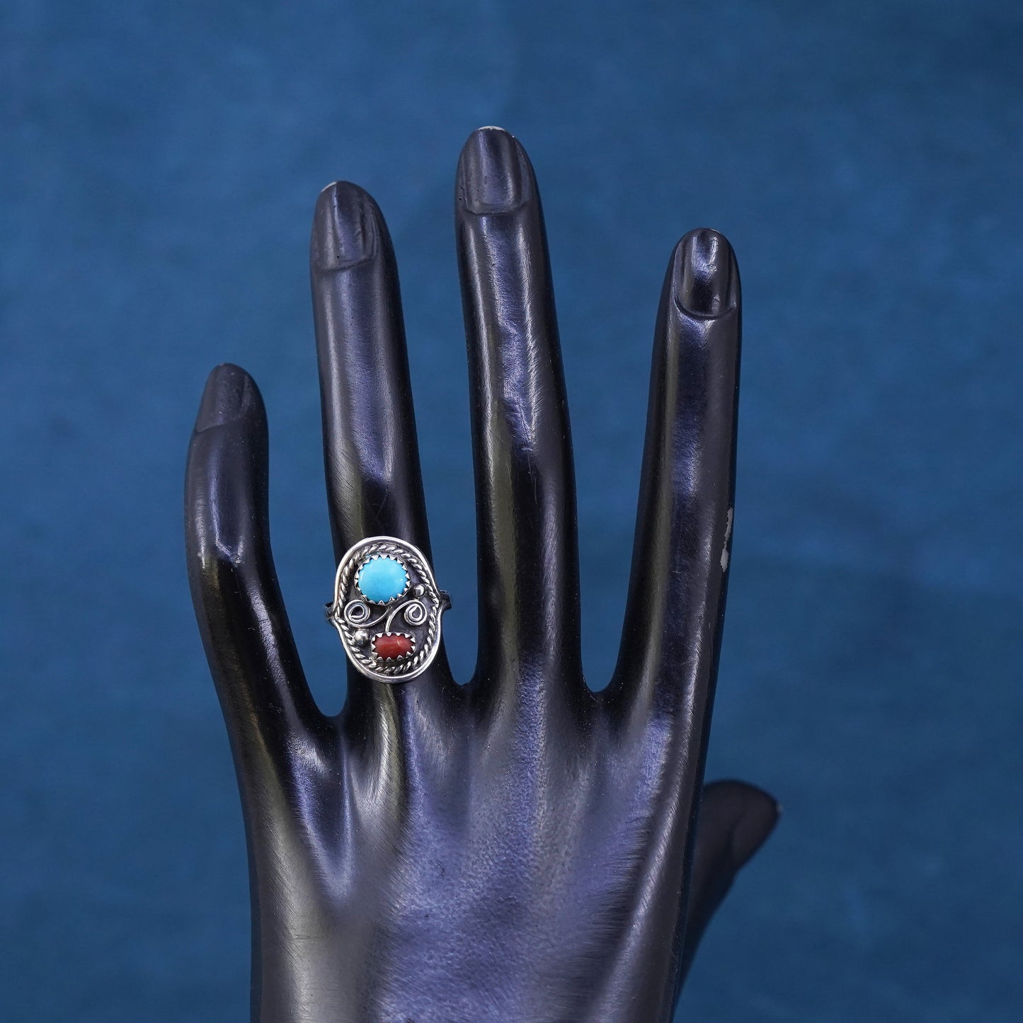 Size 6, Navajo DM Sterling 925 silver ring, Native American, turquoise coral