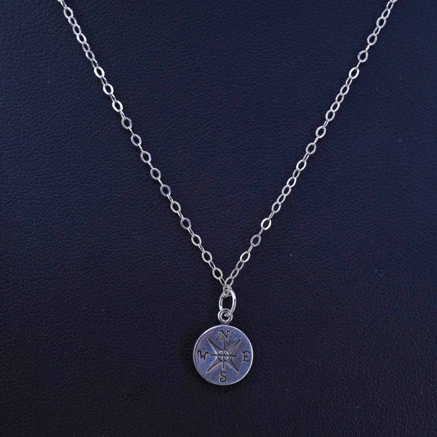 18”, sterling silver necklace, 925 flatten circle chain with compass pendant