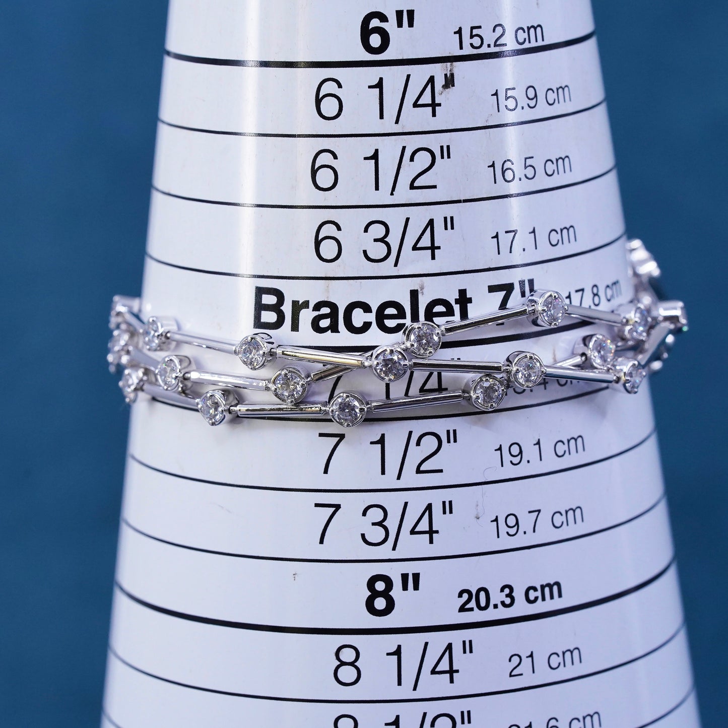 7.25", vintage Sterling 925 silver tennis multi strands bracelet with clear cz