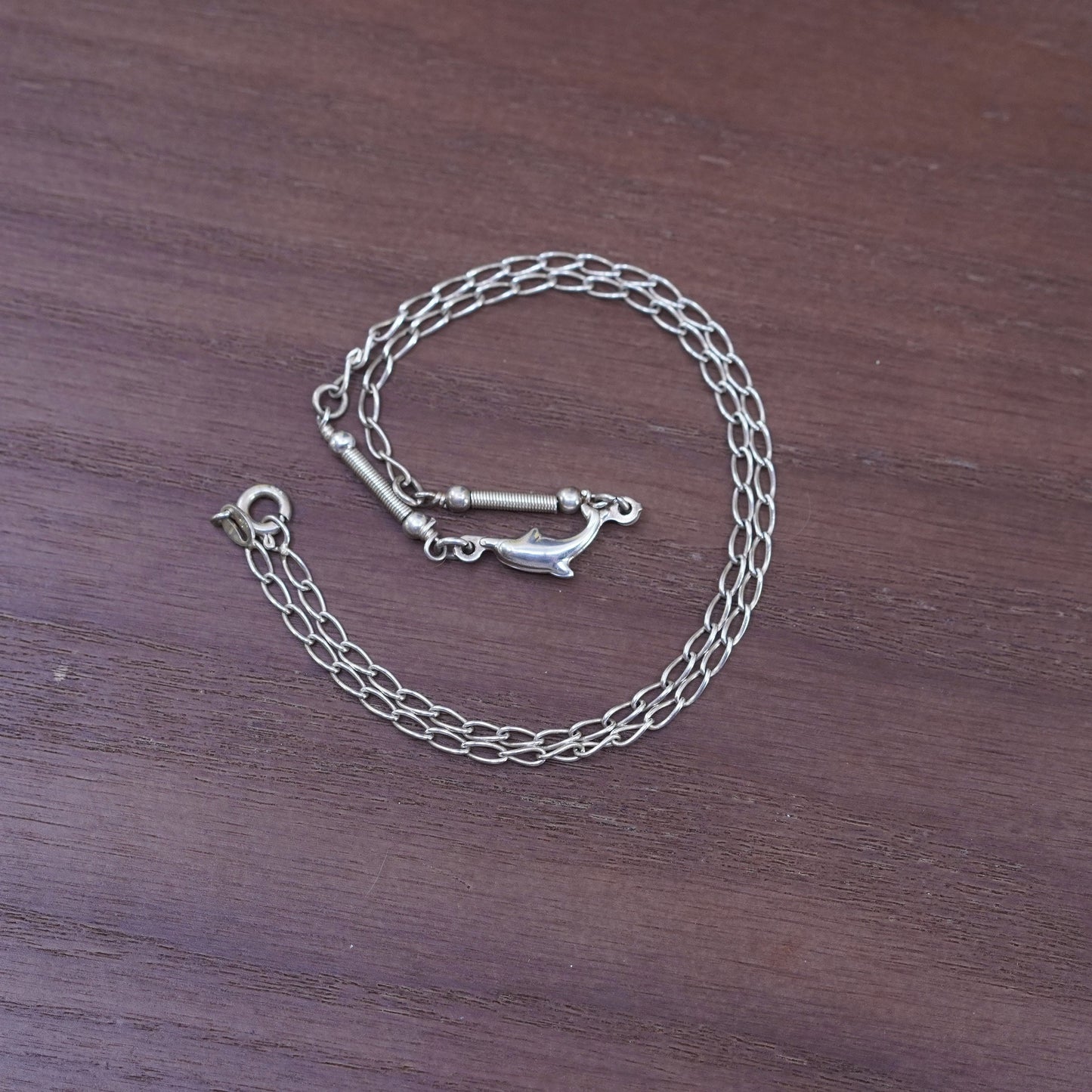 16”, vintage Sterling 925 Silver curb Chain Necklace with dolphin Pendant