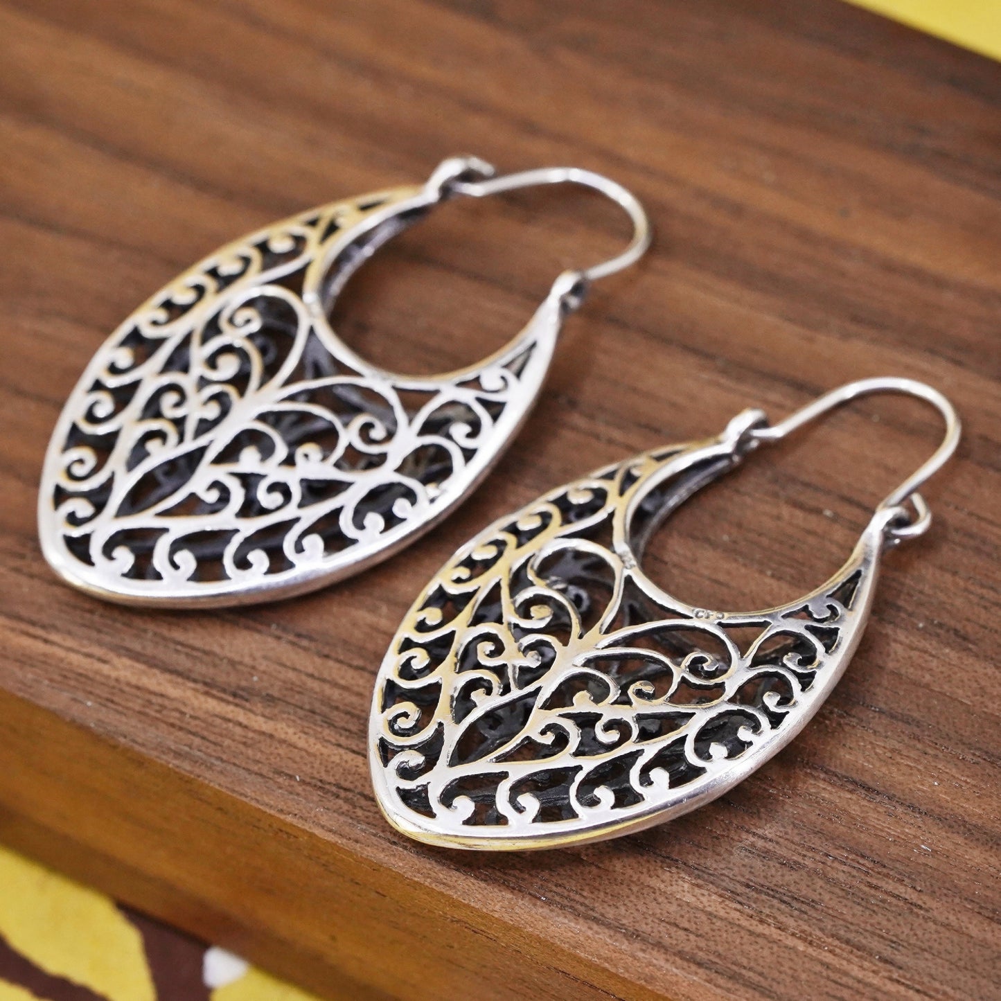 1.75", VTG Sterling silver filigree earrings, 925 handmade oval huggie hoops