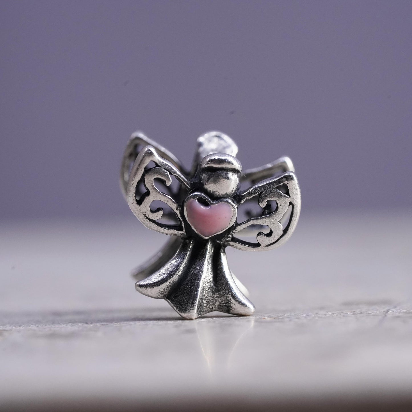 Vintage sterling silver handmade pendant, 925 Angel charm w//pink enamel heart