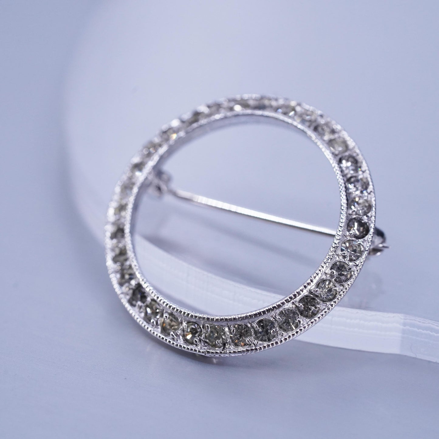 Vintage sterling silver handmade brooch, 925 circle pin with cluster cz
