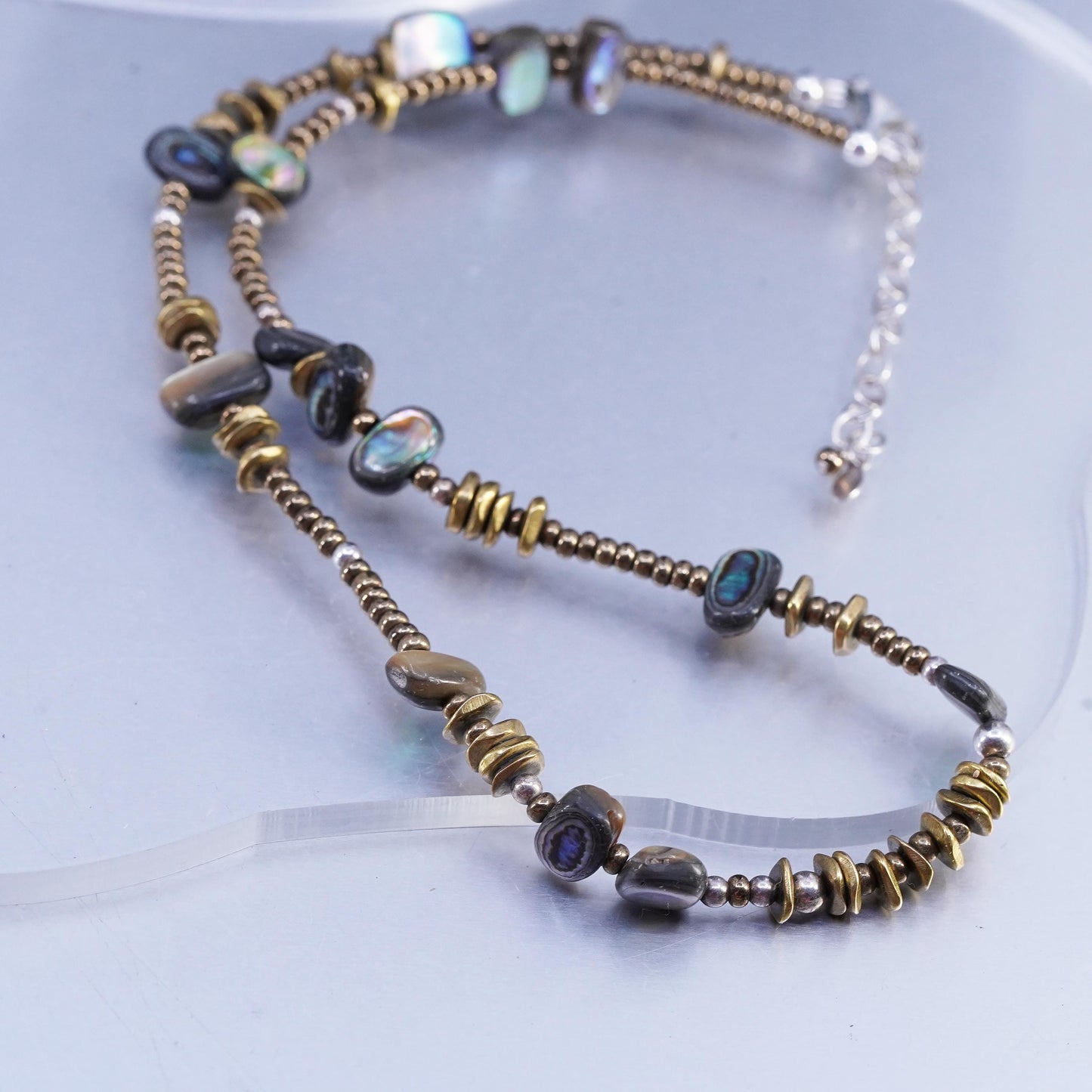 17+2", vintage 925 Sterling 925 Silver Necklace with brass and abalone beads