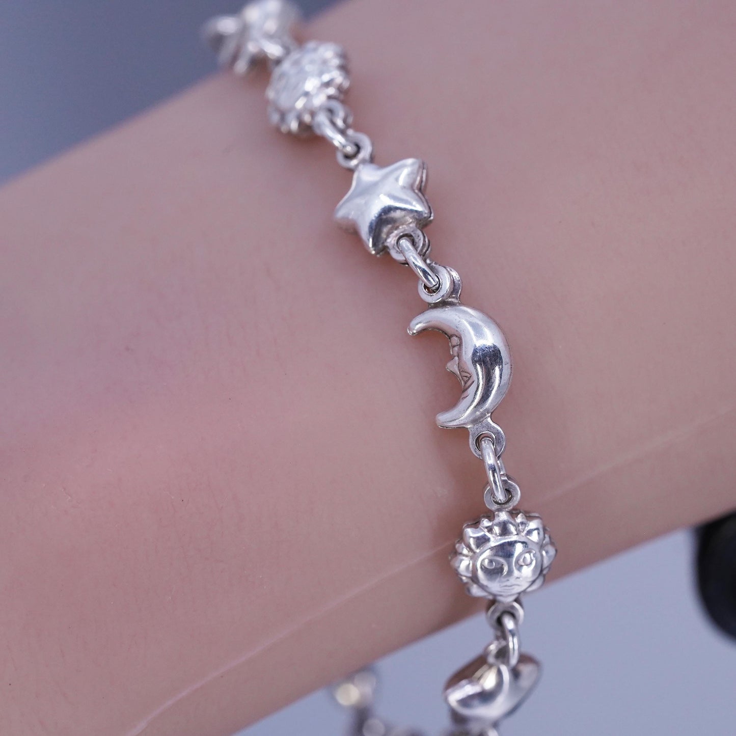 6.75”, Sterling 925 silver handmade puffy star moon sun chain bracelet
