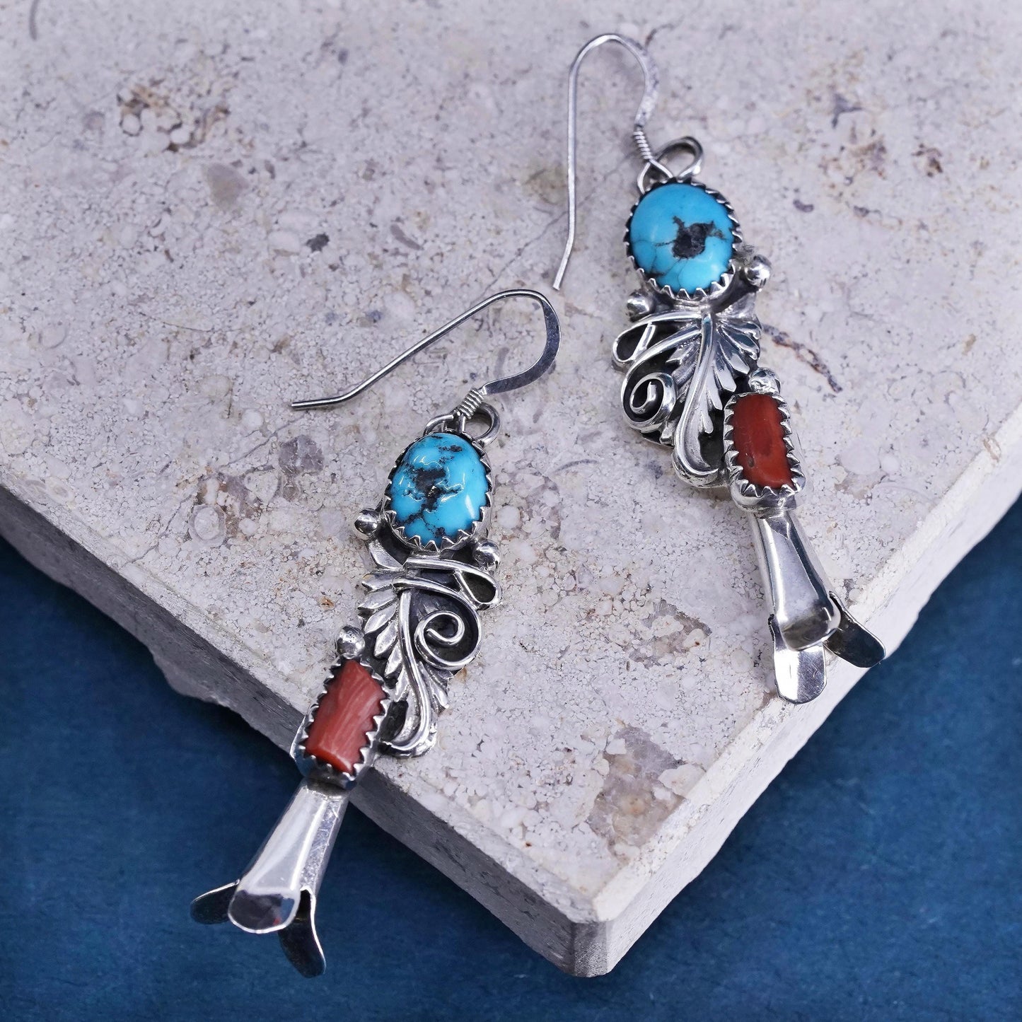Native American Navajo sterling silver earrings, 925 feather turquoise coral