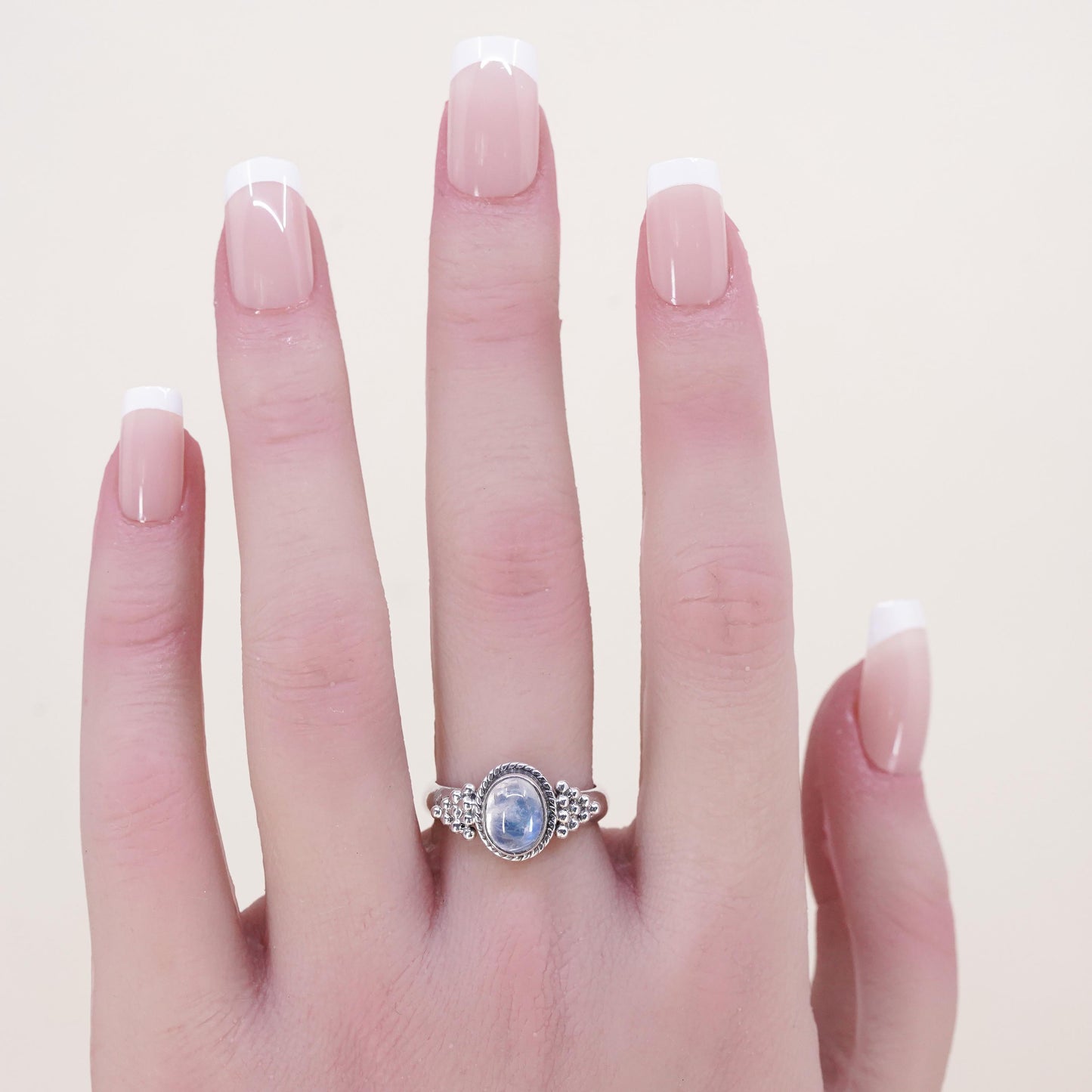 Size 7, vintage Mexican sterling 925 silver stackable ring moonstone and beads