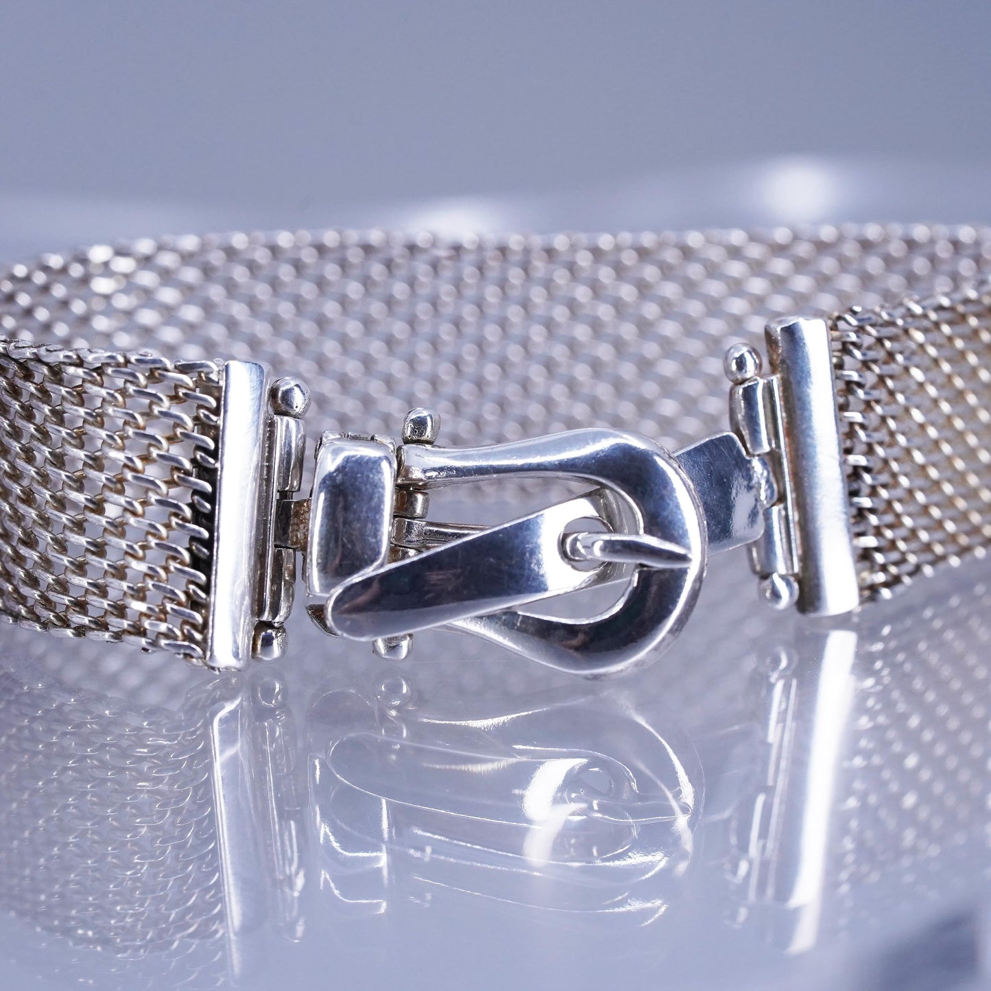 7”, Vintage Italian Sterling 925 silver handmade belt bracelet, mesh chain