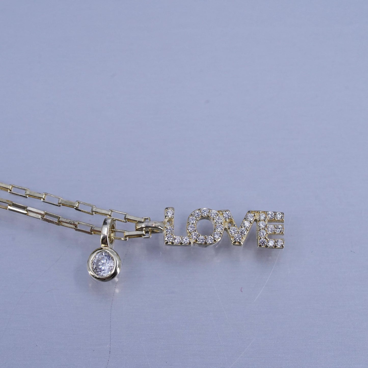 16+2”, Sterling 925 silver elongated chain necklace with gold Love pendant Cz