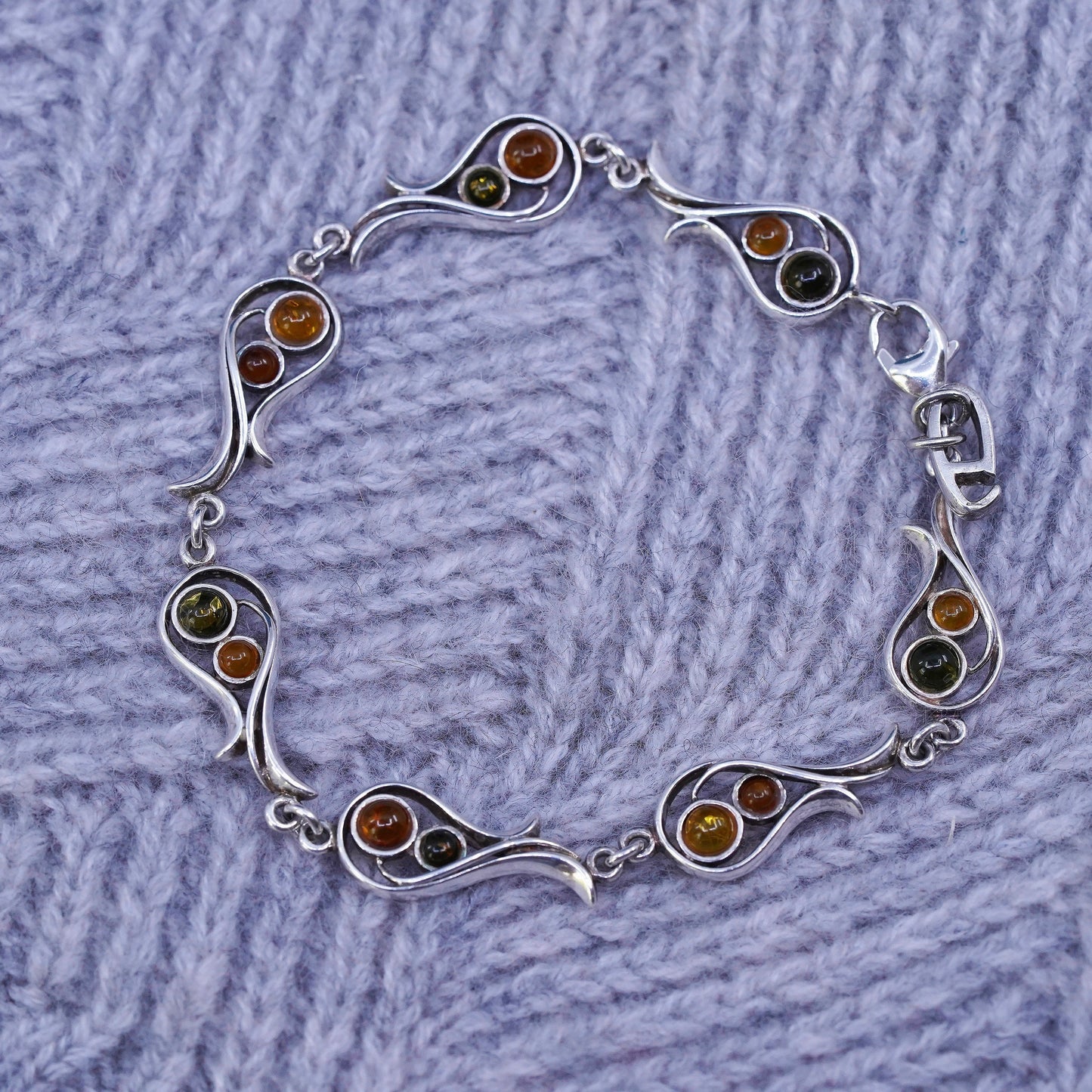 7”, vintage sterling 925 silver handmade bracelet with amber inlay