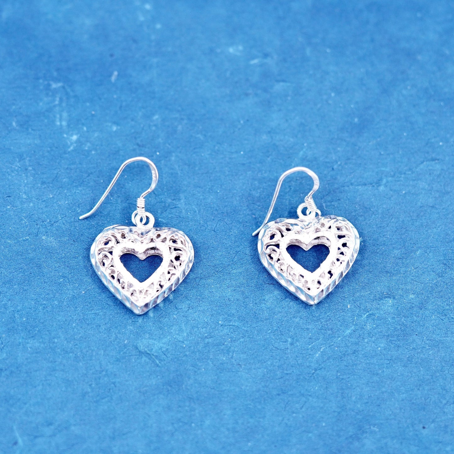 Vintage Sterling silver handmade earrings, 925 filigree heart drops