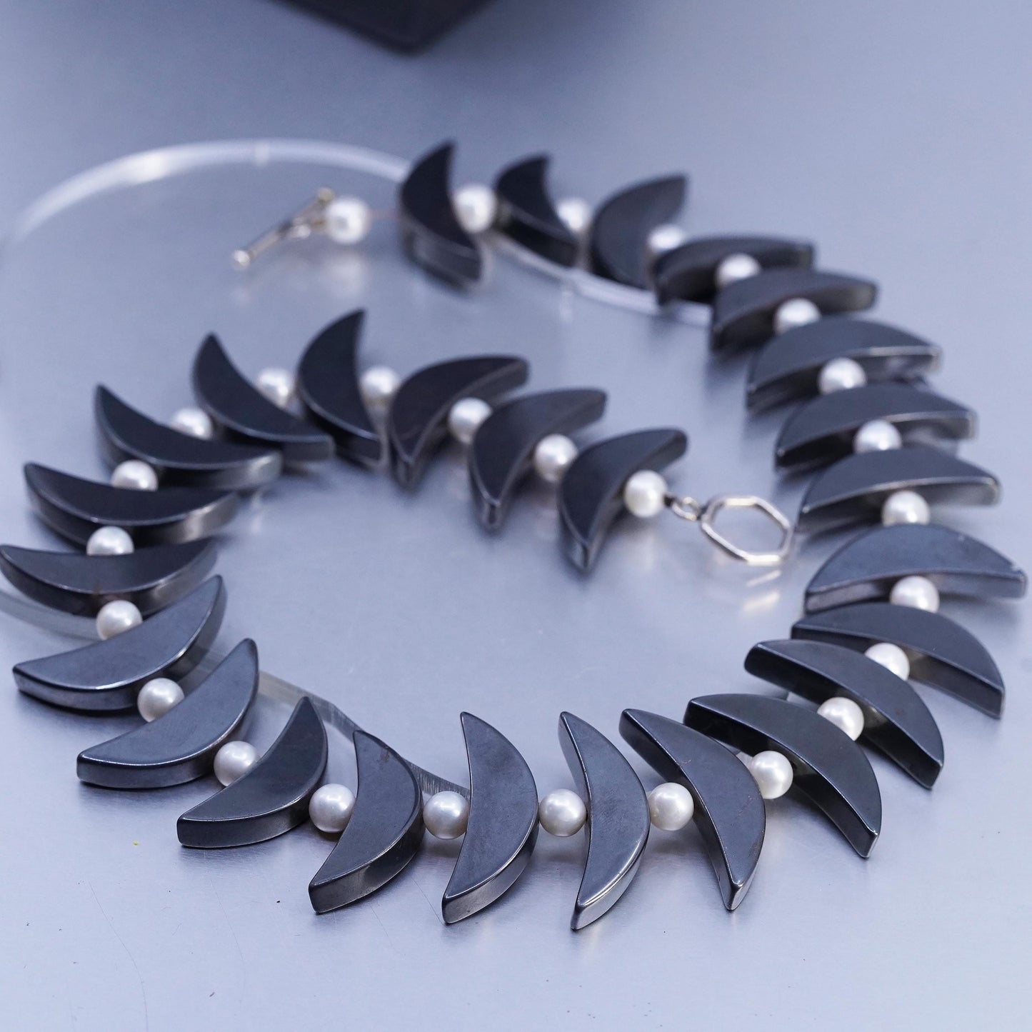 18", Vintage Sterling 925 silver necklace hematite moon, pearl toggle closure
