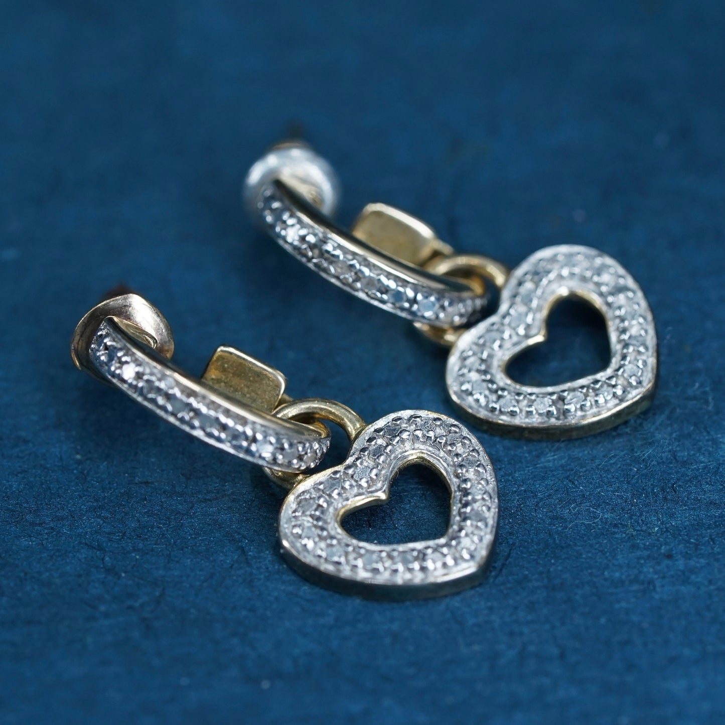 vermeil gold over Sterling silver handmade earrings, 925 heart with diamonds
