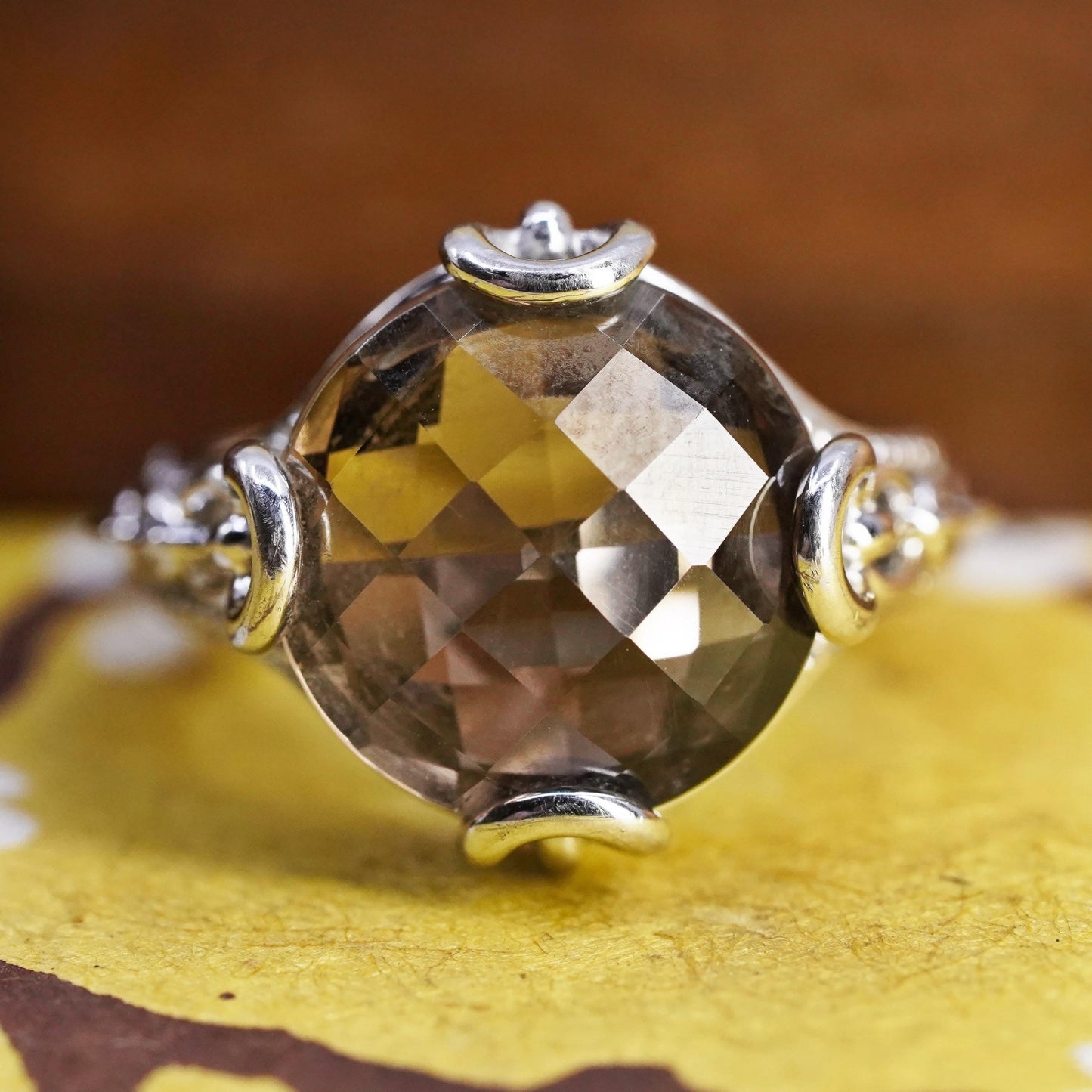 Size 6, vintage Mexican Sterling silver ring dome checkerboard cut smoky topaz