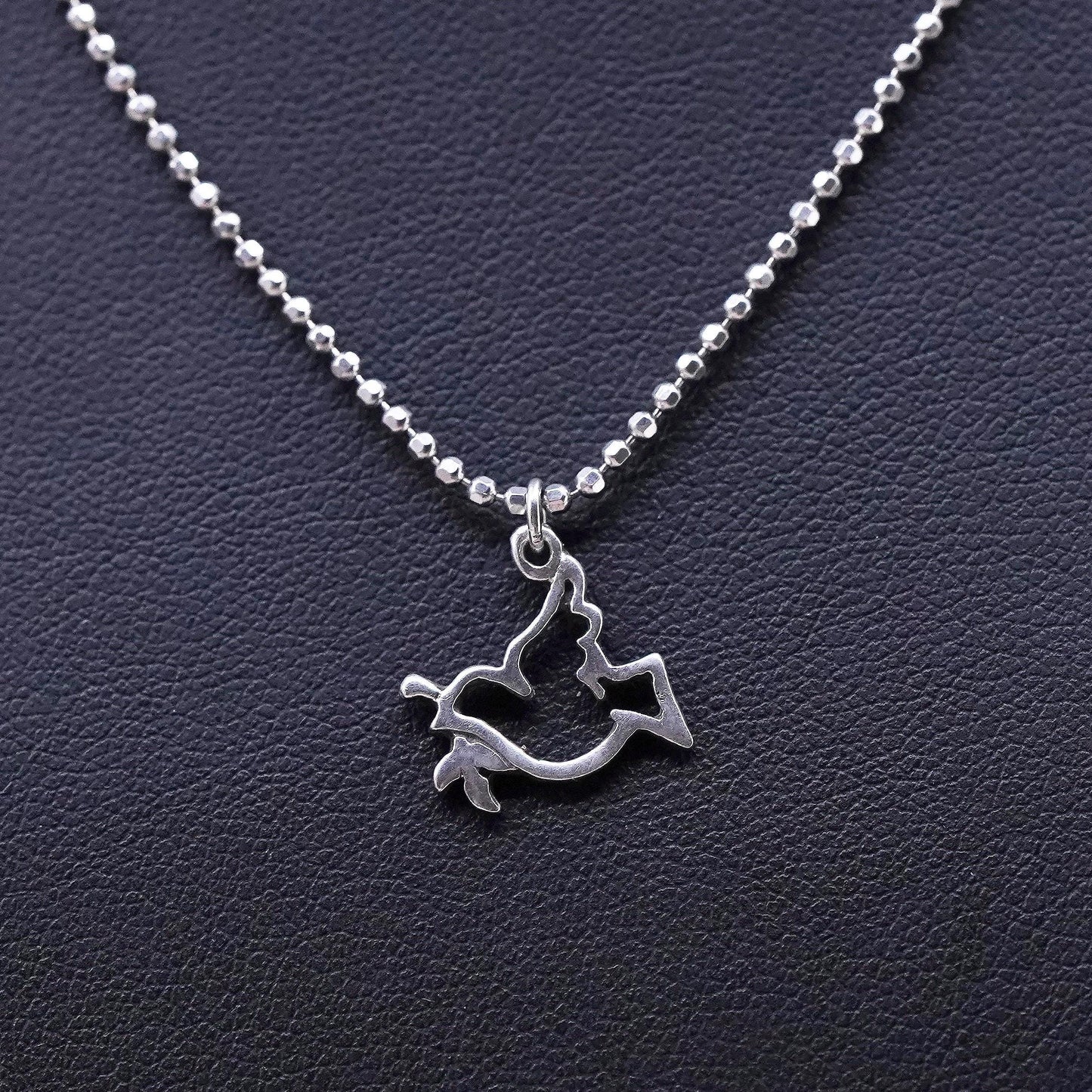 16", vintage Sterling silver necklace, 925 bead chain peace bird dove pendant