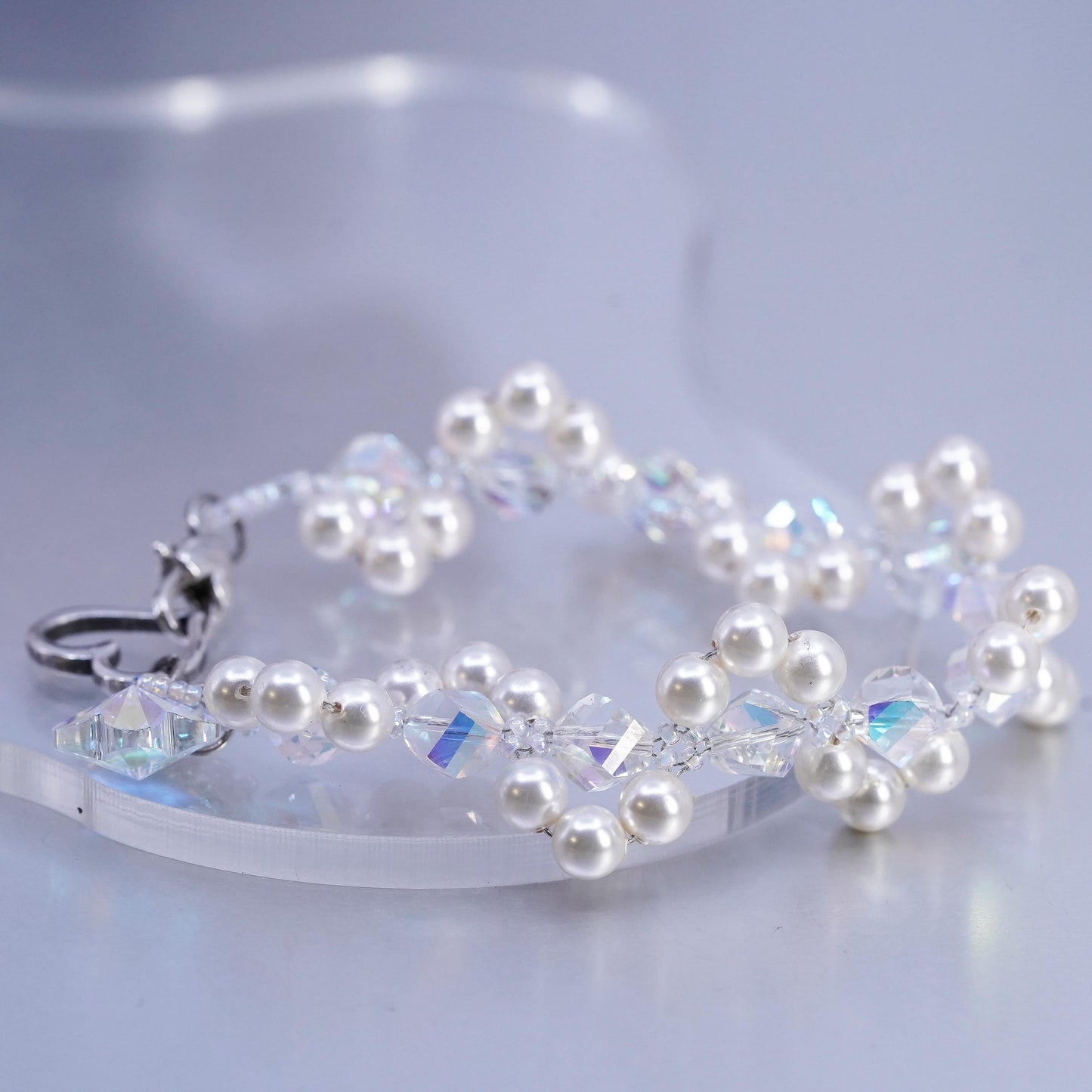 7.25", Sterling 925 silver bracelet cluster faux pearl, AB crystal heart clasp
