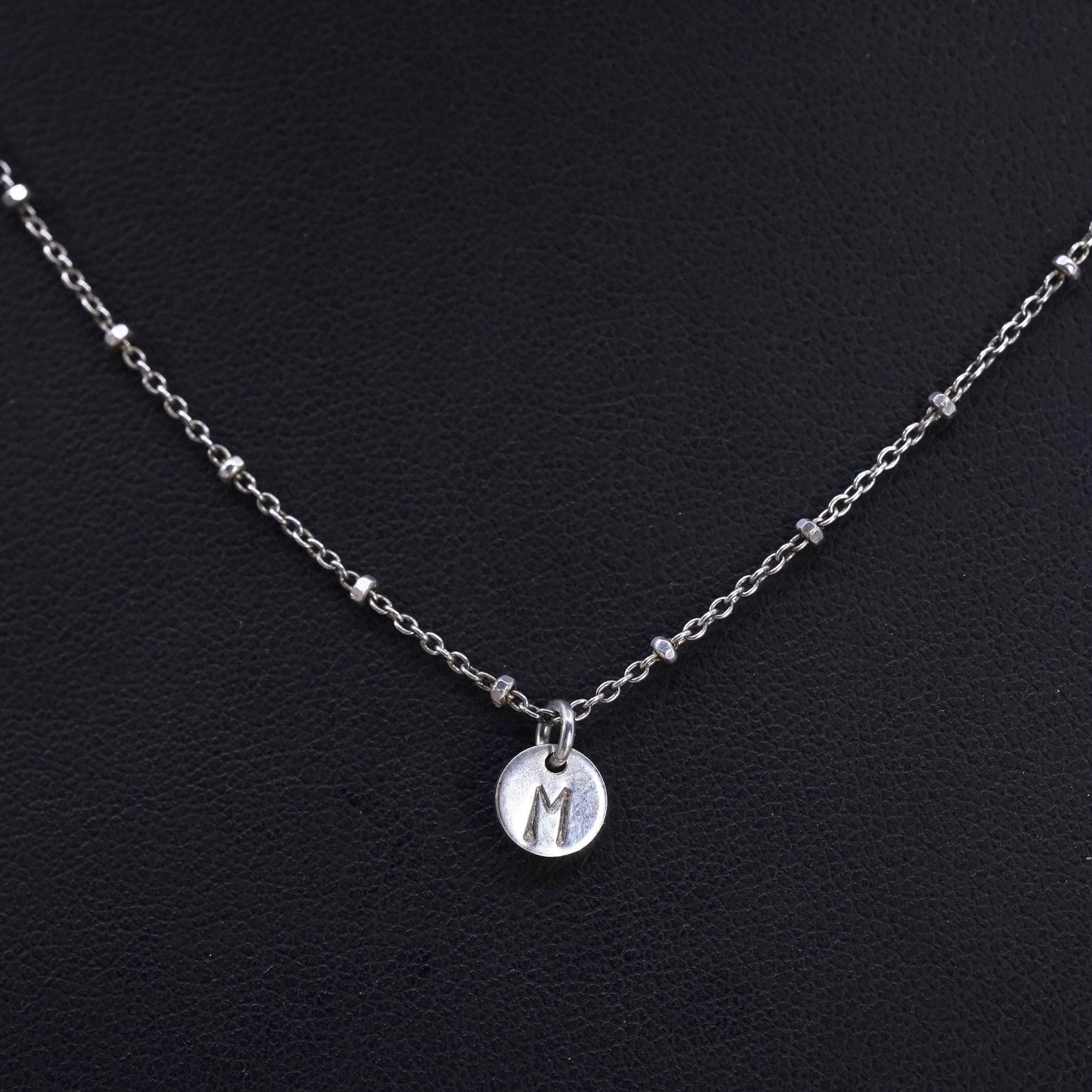 14+2”, VTG Sterling silver handmade necklace, 925 bead chain with tag letter M