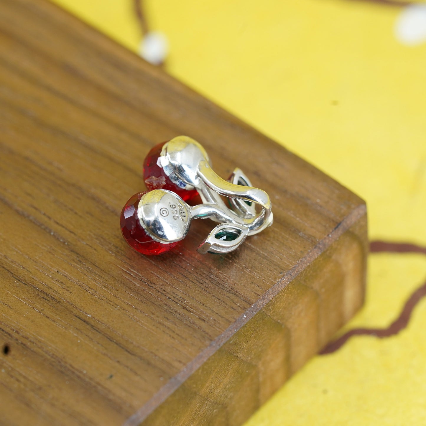 Vintage Sterling silver handmade pendant, 925 cherry with red glass, unique