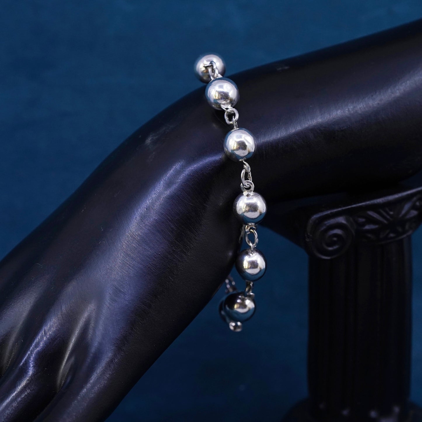 6.75", 9mm, vintage Sterling silver handmade bracelet, 925 beads bracelet