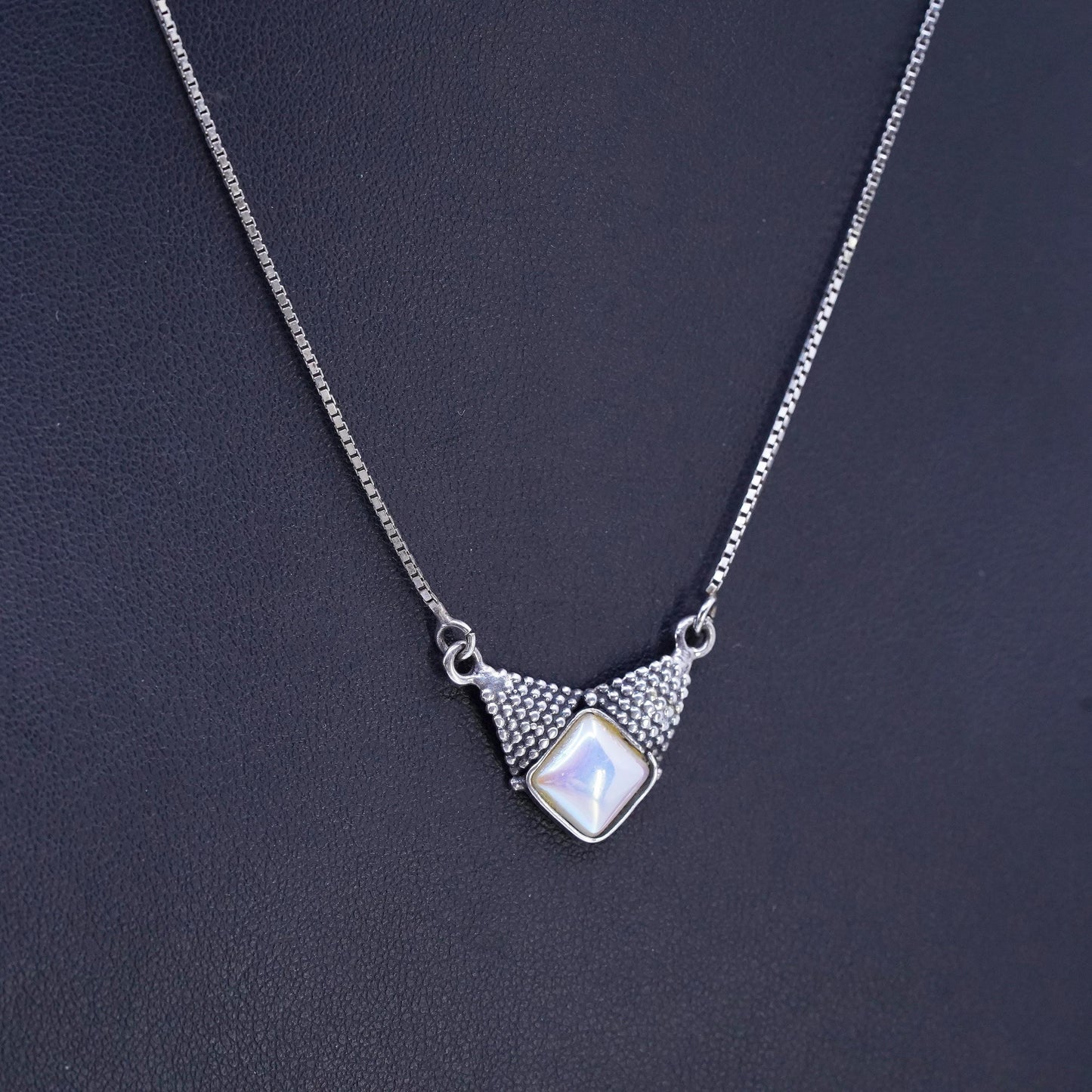 16”, vintage Sterling 925 silver handmade box chain necklace with pearl pendant