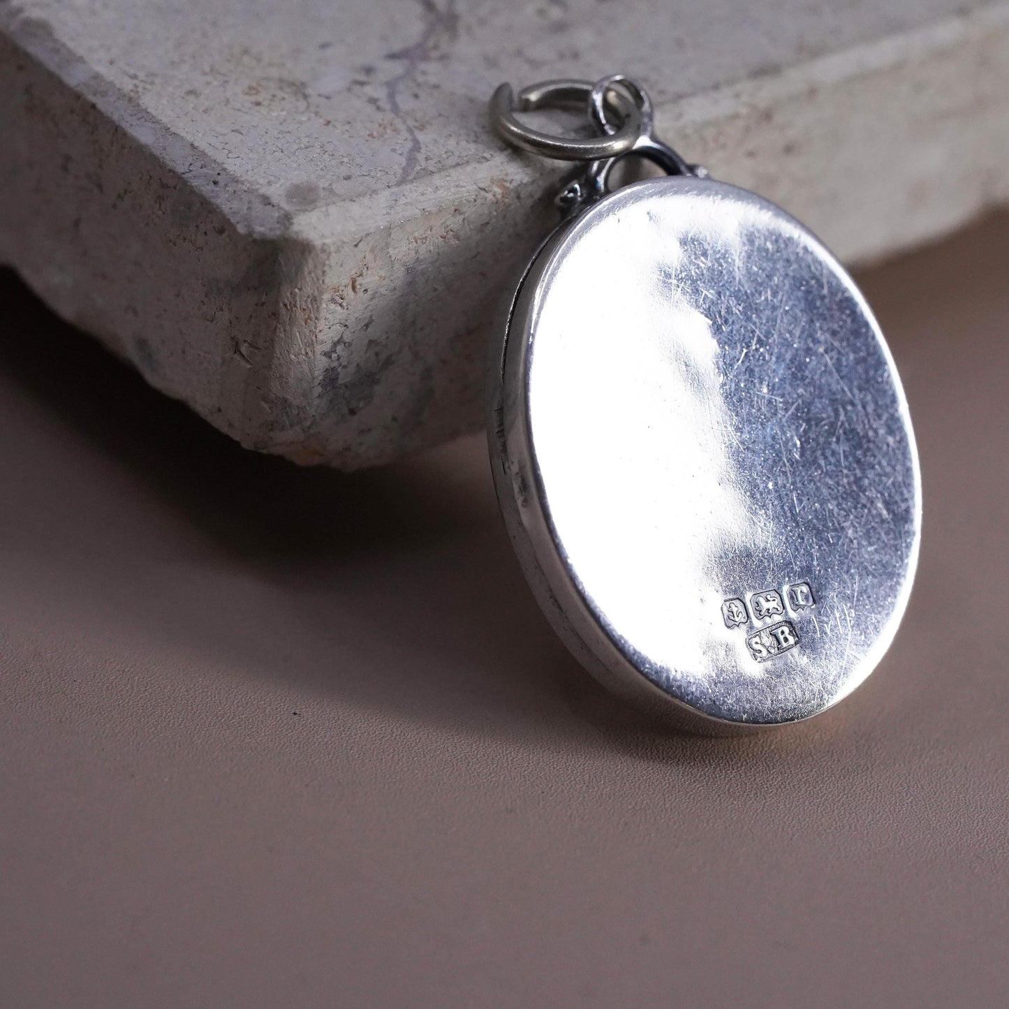 Vintage Sterling silver handmade pendant, 925 oval photo locket with swirly