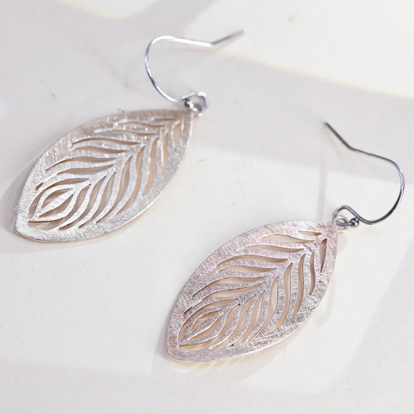 Vintage two tone Sterling silver handmade earrings, matte leaf openwork drops