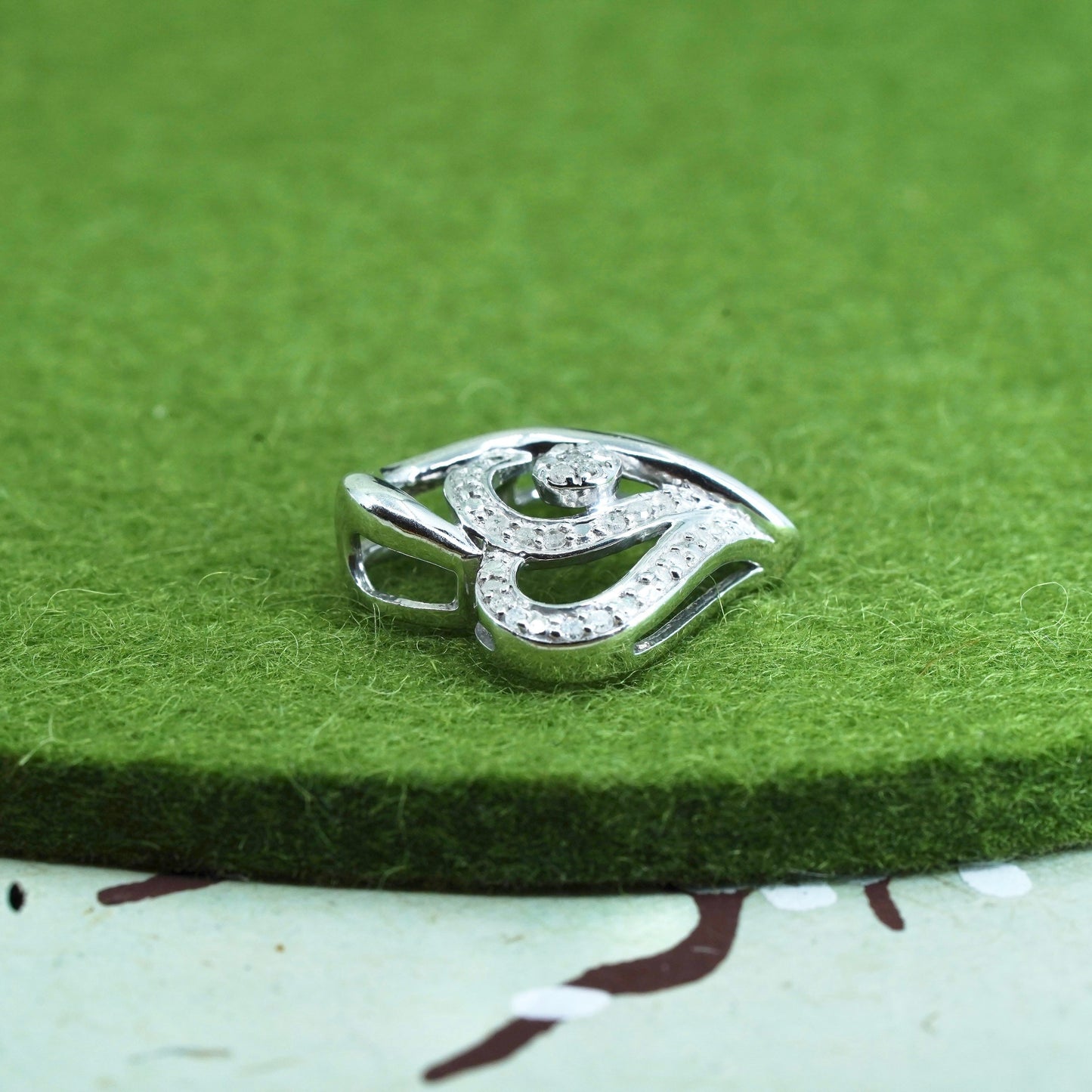 vintage Sterling silver Pendant, 925 double heart with real diamond