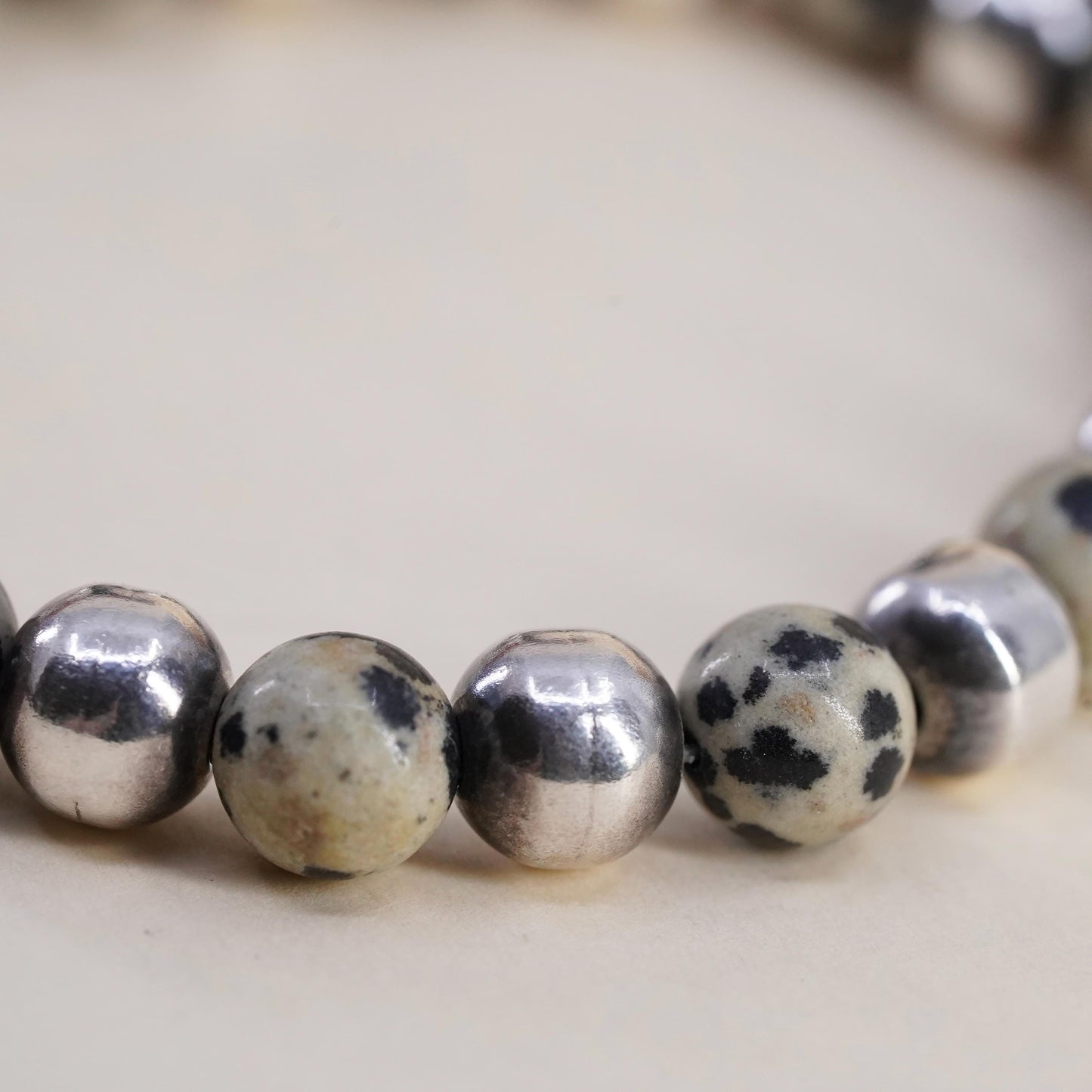 6.5”, Sterling Silver 925 Dalmatian Jasper Bead Bracelet, Spotted Jasper Beaded