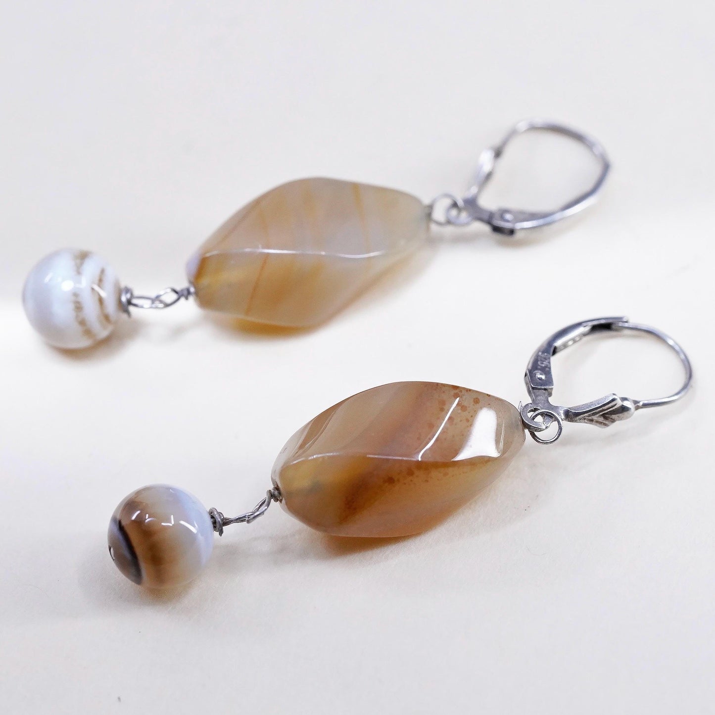 Vintage Sterling silver handmade earrings, 925 hooks with agate nuggets