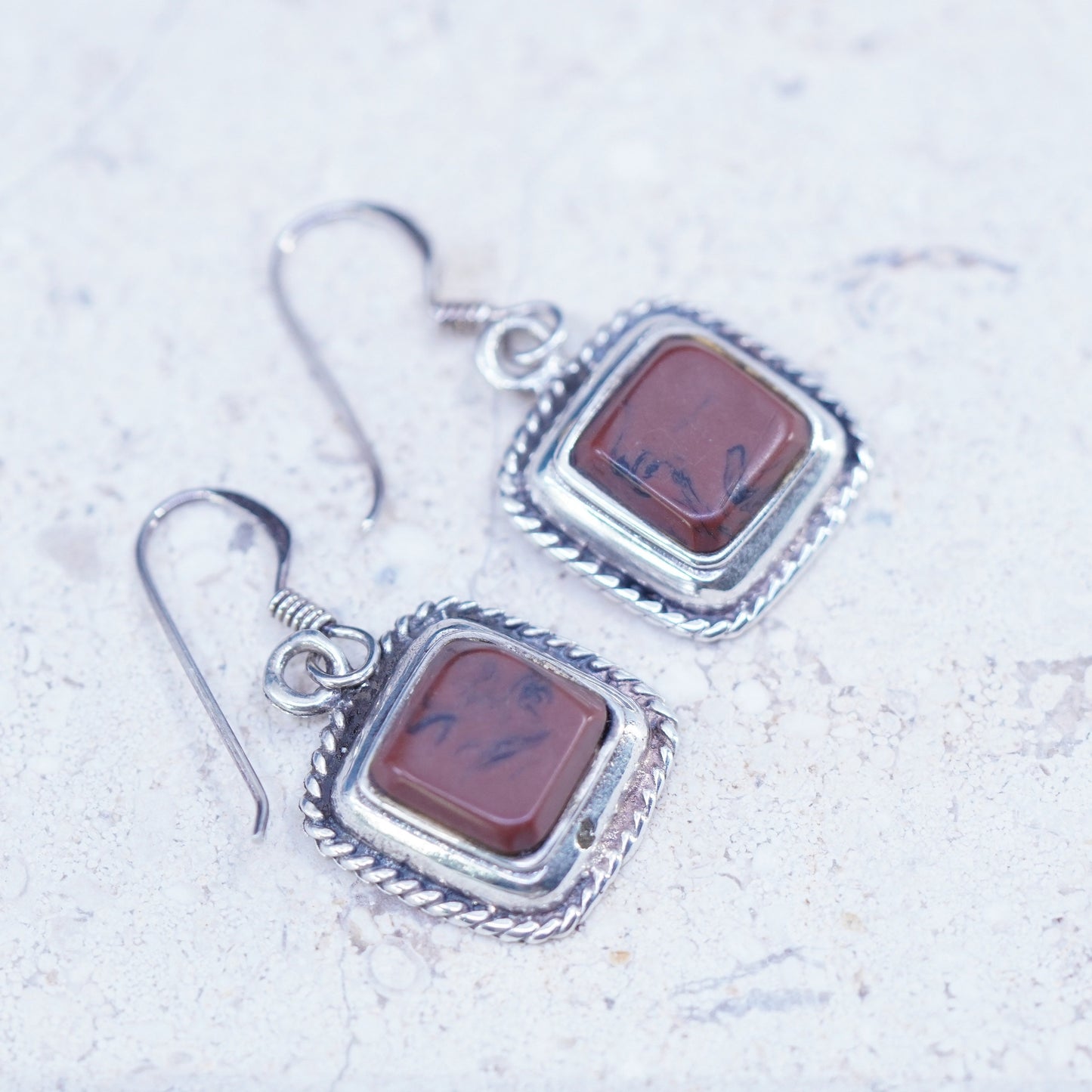Vintage Sterling silver handmade earrings, 925 square with red jasper and cable