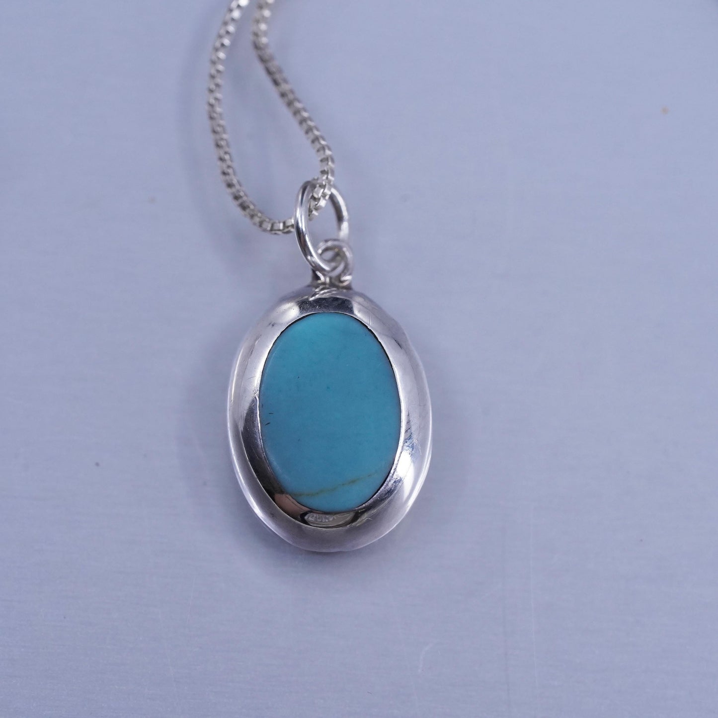18”, Native American Sterling 925 silver box chain necklace turquoise pendant