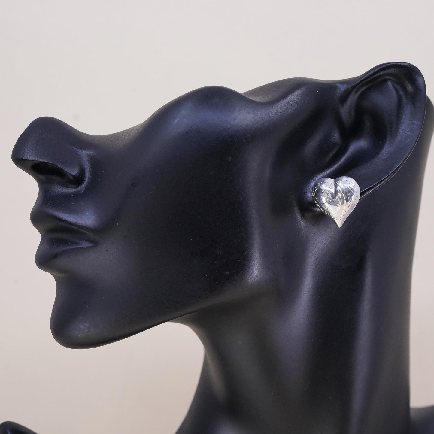 Vintage handmade single earring. textured Sterling 925 silver heart stud