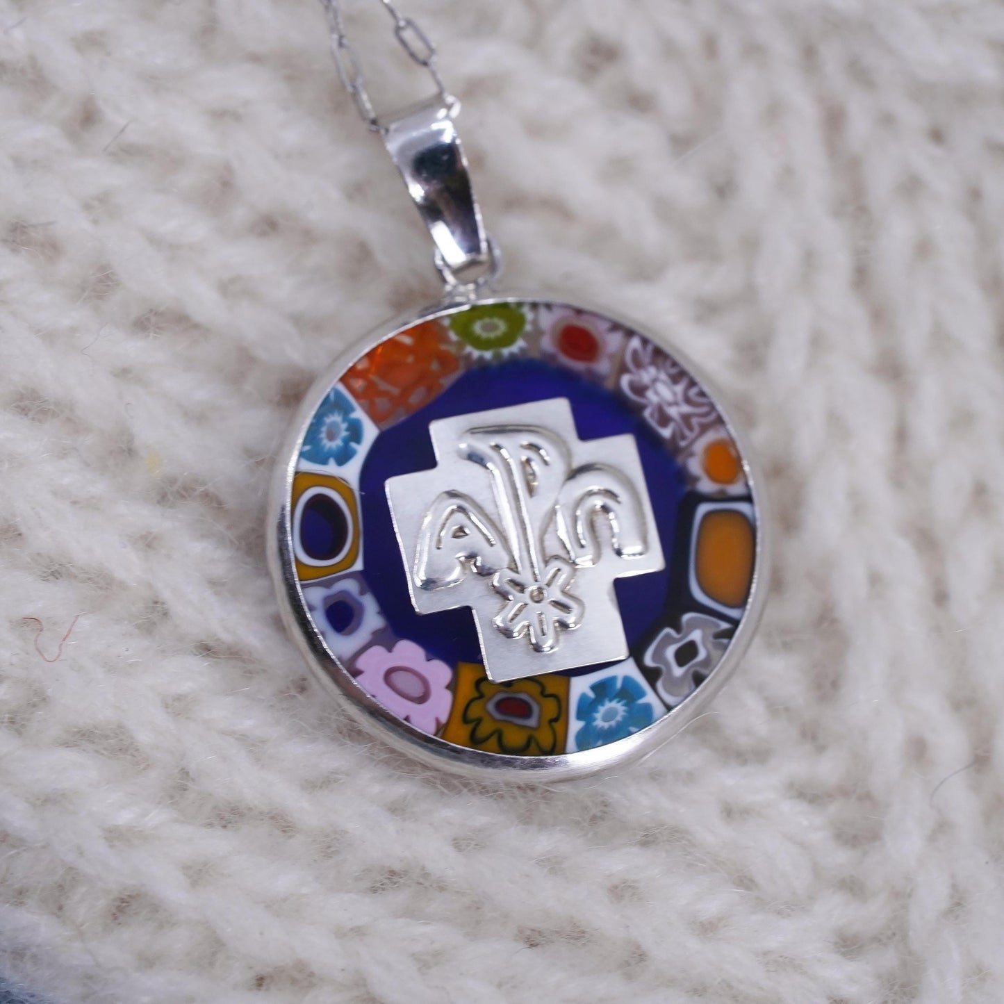 18”, Italy sterling 925 silver artisan blue murano floral glass necklace