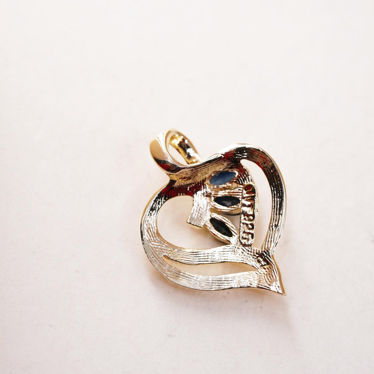 vintage vermeil Gold filled Sterling silver pendant, 925 heart with sapphire