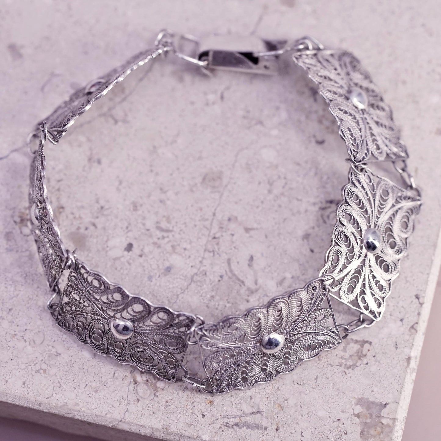 7", vintage sterling silver handmade bracelet, 925 filigree disc bracelet