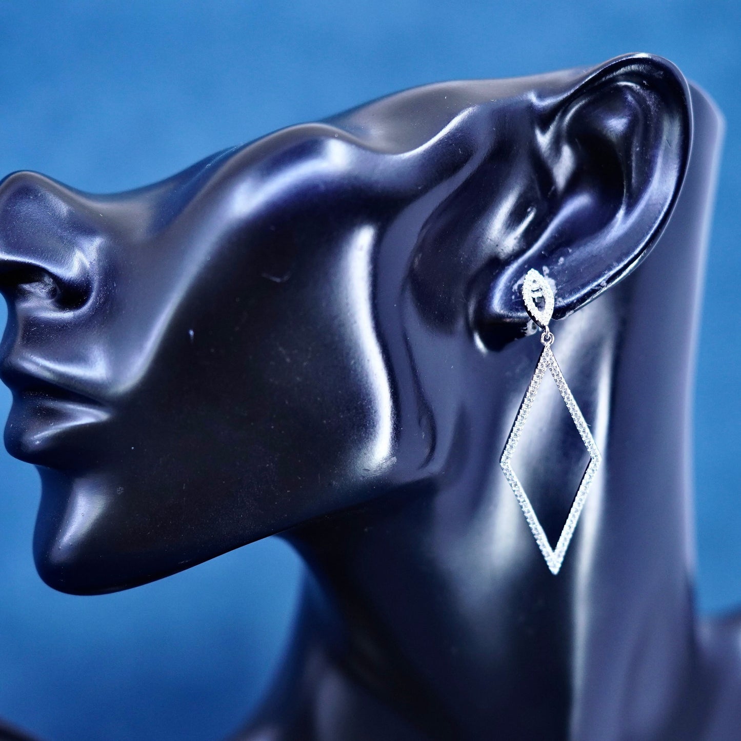 Vintage Sterling silver earrings, 925 diamond shaped dangles with cluster cz