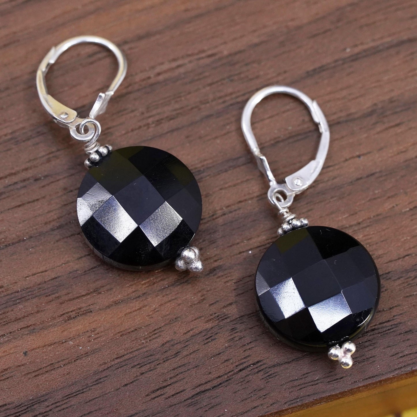 Vintage Sterling 925 silver handmade earrings with circle onyx