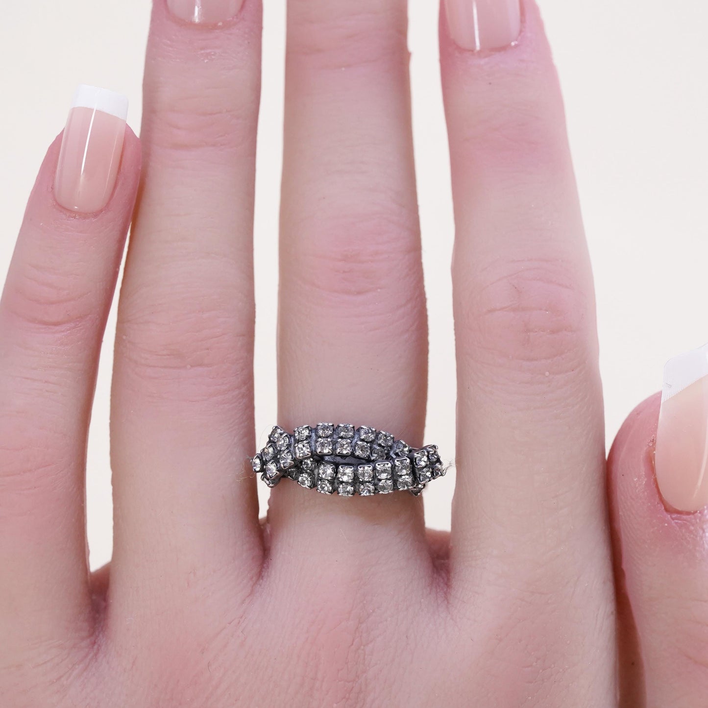 Size adjustable, Vintage Sterling silver handmade ring, 925 silver cluster cz