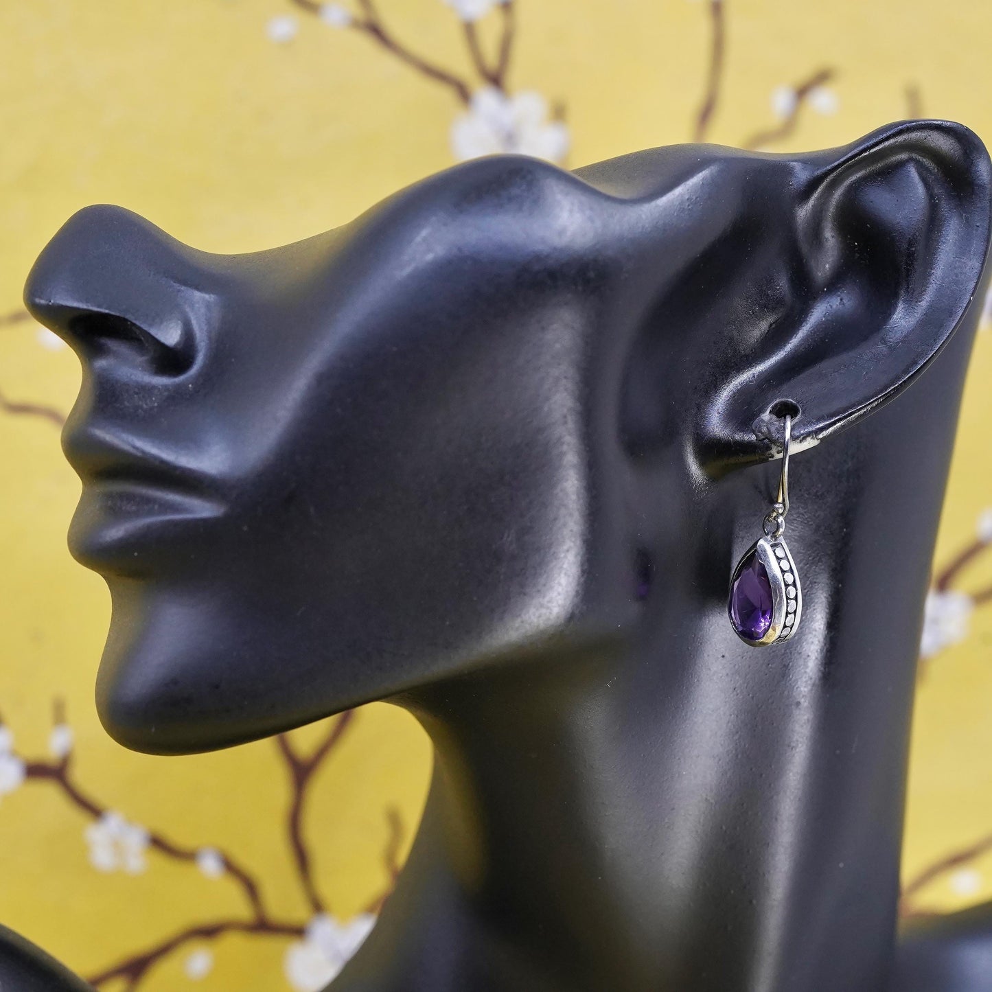 Vintage Sterling 925 silver handmade teardrop earrings with amethyst and beads