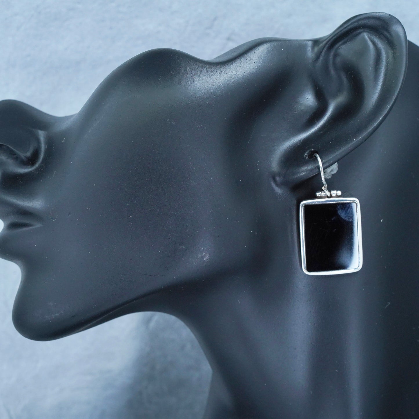 Vintage Sterling 925 silver handmade earrings with rectangular black onyx