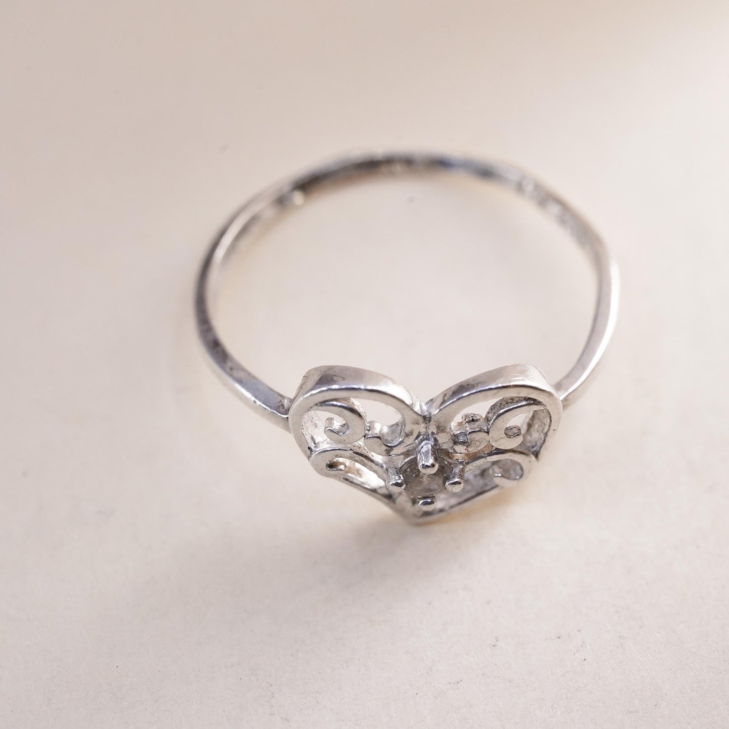 Size 7.25, Vintage sterling silver handmade ring, swirly heart ring with cz