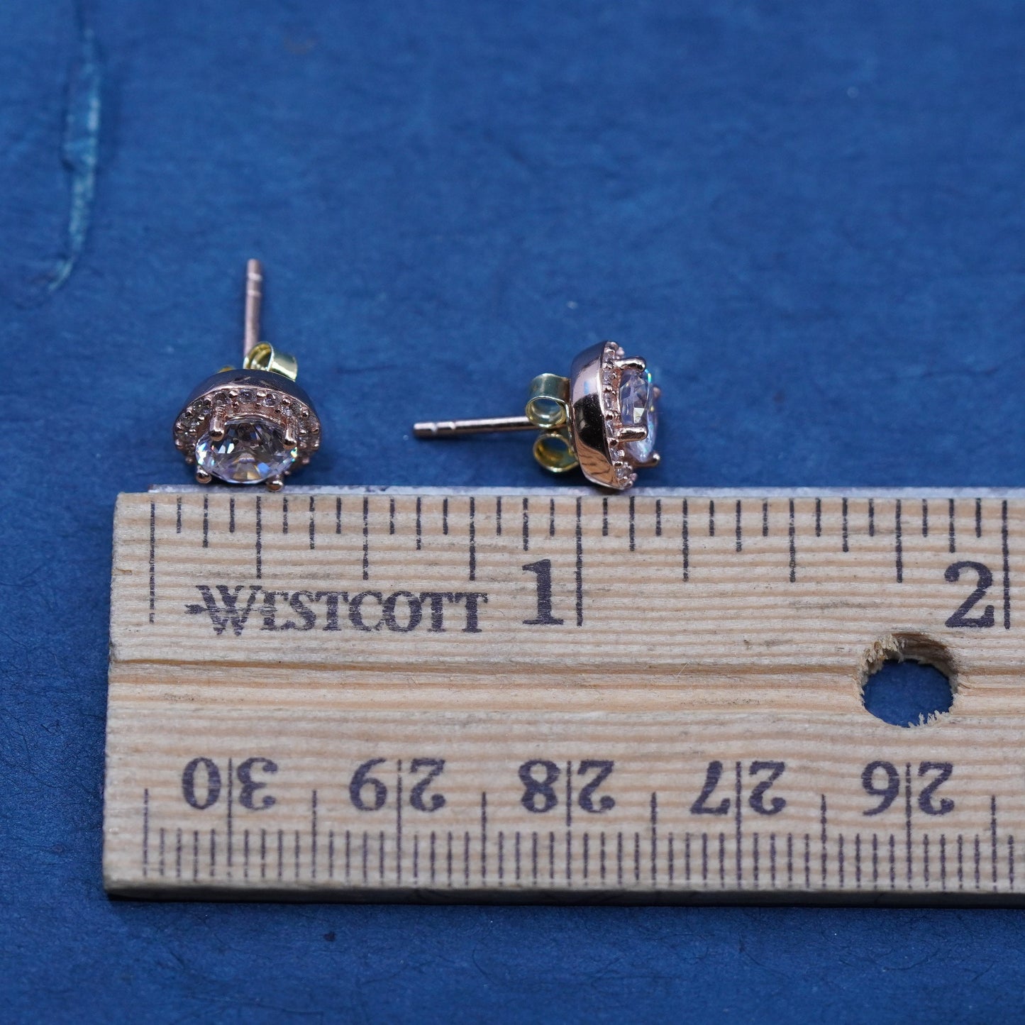 Vintage vermeil rose gold over sterling silver earrings, 925 studs with cz