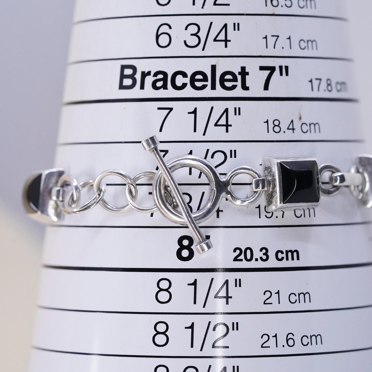 7.75", Vintage Mexican Sterling Silver Black Onyx Bracelet, Square Onyx chain