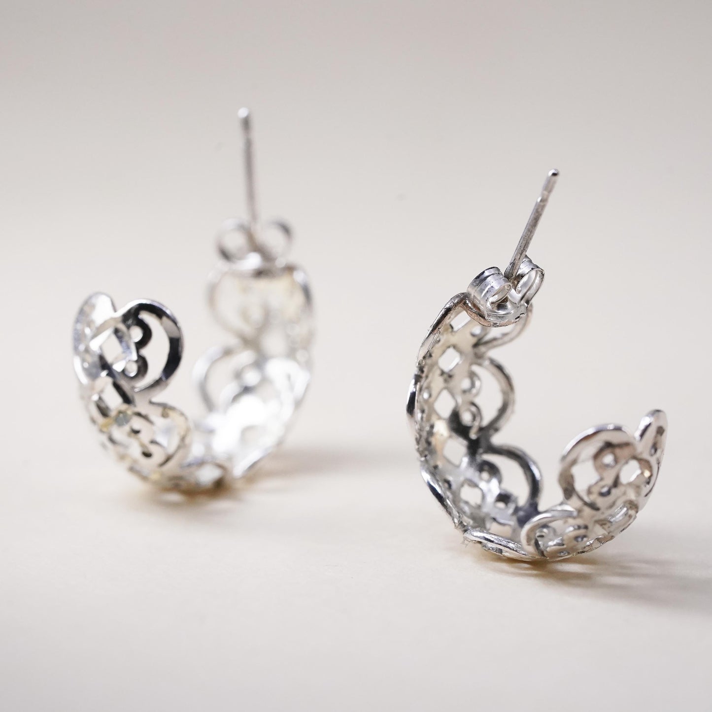 0.75", Vintage sterling 925 silver studs, filigree 925 huggie earrings