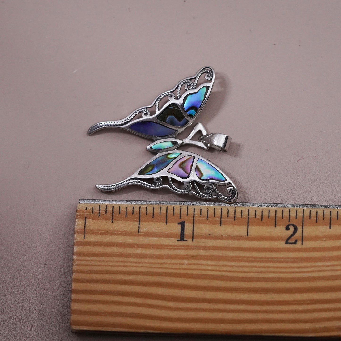 Vintage Sterling 925 silver handmade butterfly pendant with abalone
